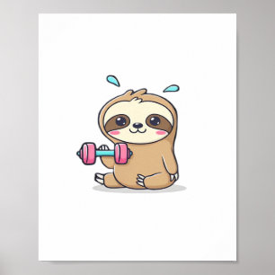 Funny Chibi Sloth Workout Cute Kawaii Gym Tecknad Poster