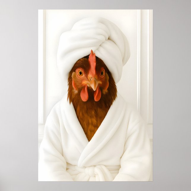 Funny Chicken Bathroom Print, Chicken In Bathrobe Poster (Framsidan)