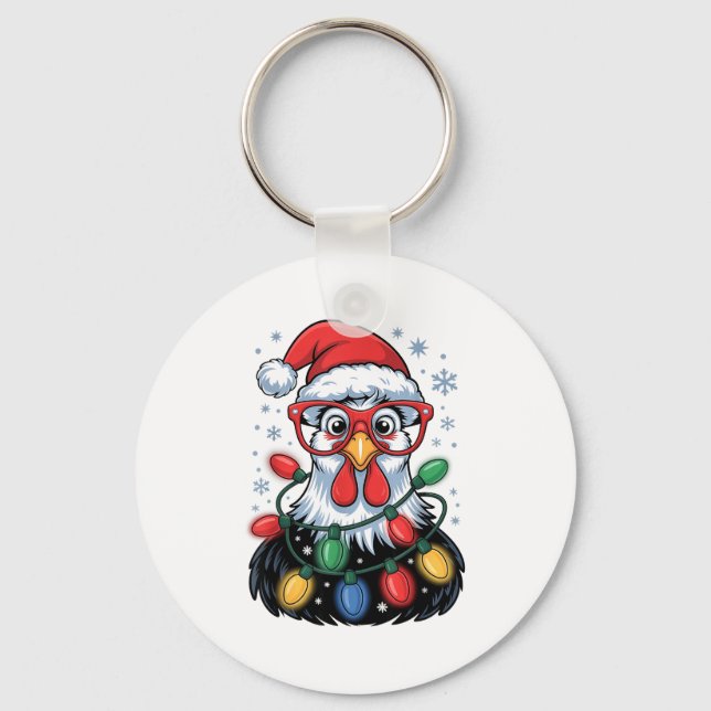 Funny Chicken Christmas Tree Lights Santa Hat Xmas Nyckelring (Framsida)