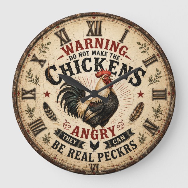 Funny Chicken Farmhouse Rooster Stor Klocka (Framsida)