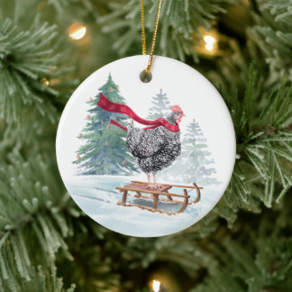 Funny Chicken Julgran Ornament Sledding Hen