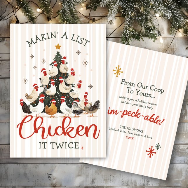 Funny Chicken List Christmas Tree Cute Humor Julkort (Funny Making A List - Chicken It Twice watercolor chicken Christmas tree custom holiday humor card)