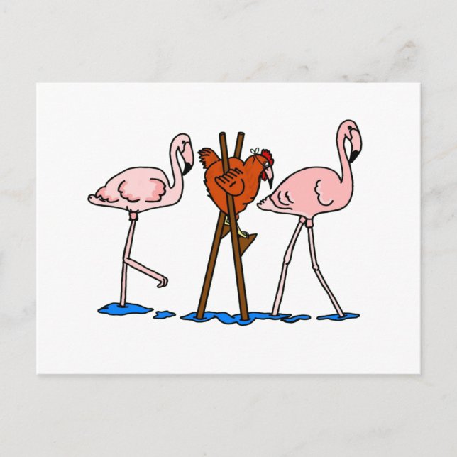 Funny Chicken och Flamingos Vykort (Framsida)