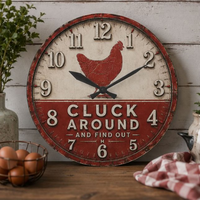Funny Chicken Rustic Farmhouse  Stor Klocka (Skapare uppladdad)