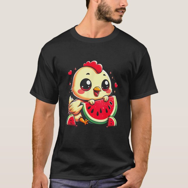 Funny Chicken som äter vattenmelon Fruit Summer Fa T Shirt (Framsida)