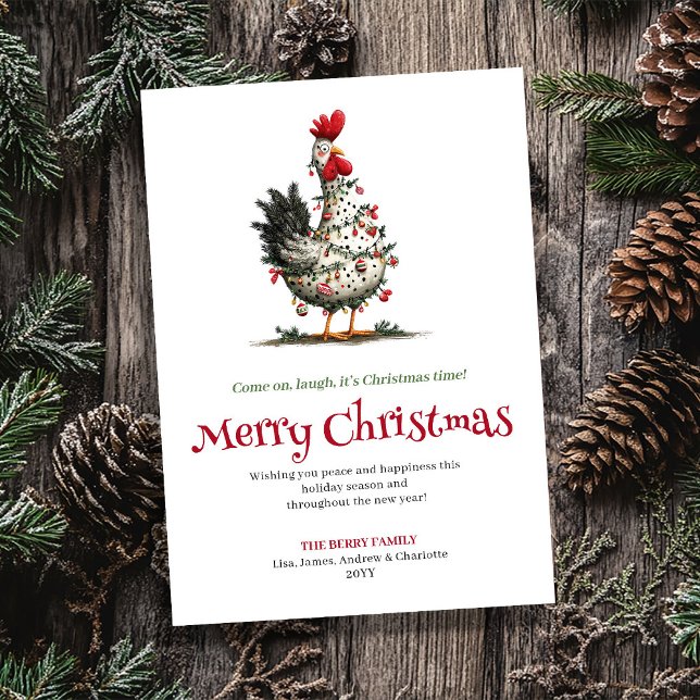 Funny Chicken Watercolor Christmas Greeting Card Julkort (Funny Chickens Watercolor Christmas Greeting Card)