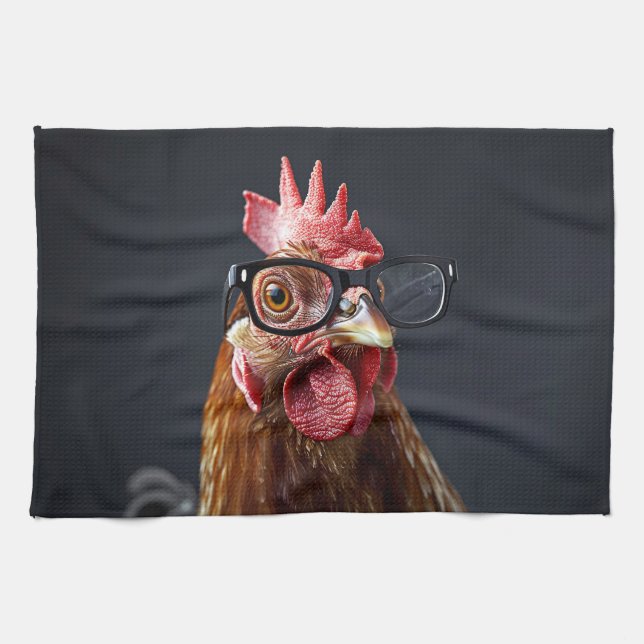 Funny Chicken Wearing Glass Kökshandduk (Horisontell)