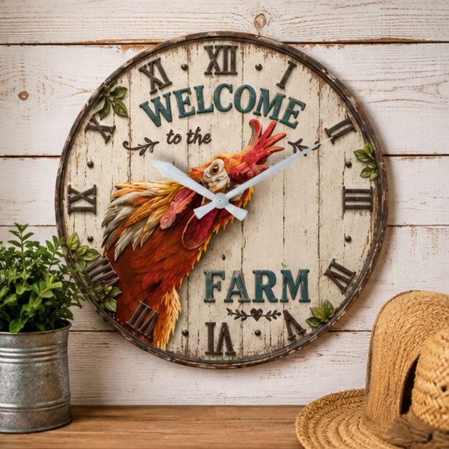 Funny Chicken Welcome to the Farm Rustic Stor Klocka (Skapare uppladdad)