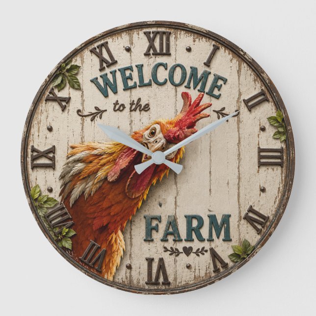 Funny Chicken Welcome to the Farm Rustic Stor Klocka (Framsida)