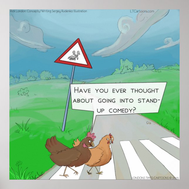 Funny Chickens Crossing Road Tecknad Poster (Framsidan)