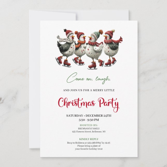 Funny Chickens Festive Red Green Holiday Invites Inbjudningar (Framsida)