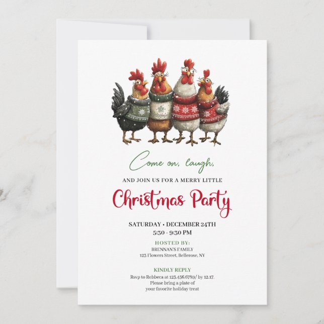 Funny Chickens Minimalist Red Green Holiday Invite Inbjudningar (Framsida)