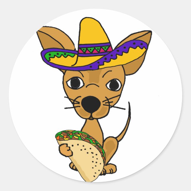 Funny Chihuahua äter Taco Tecknad Runt Klistermärke (Framsida)