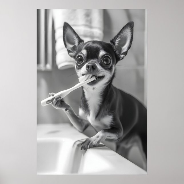 Funny Chihuahua Bathroom Art Print, Brushing Teeth Poster (Framsidan)