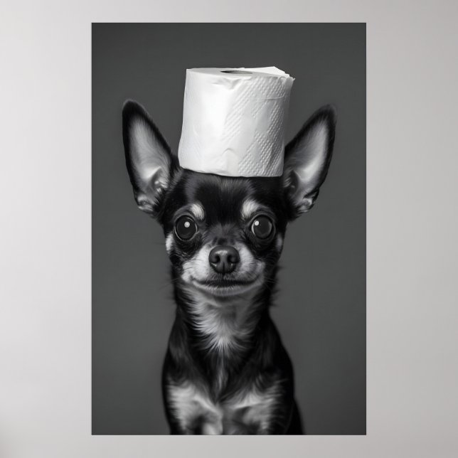 Funny Chihuahua Bathroom Art Print, Toilet Paper Poster (Framsidan)