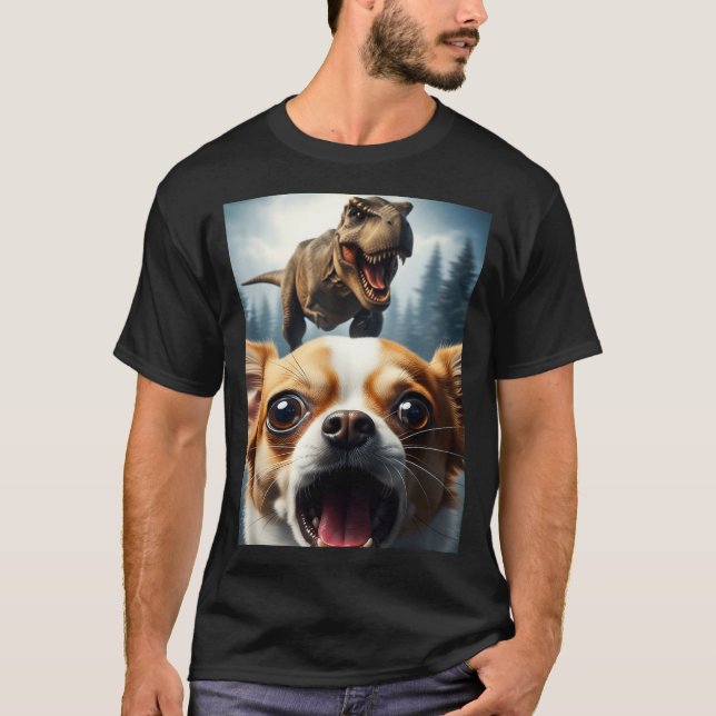 Funny Chihuahua Dog Selfie With T-rex Women Men Ki T Shirt (Framsida)