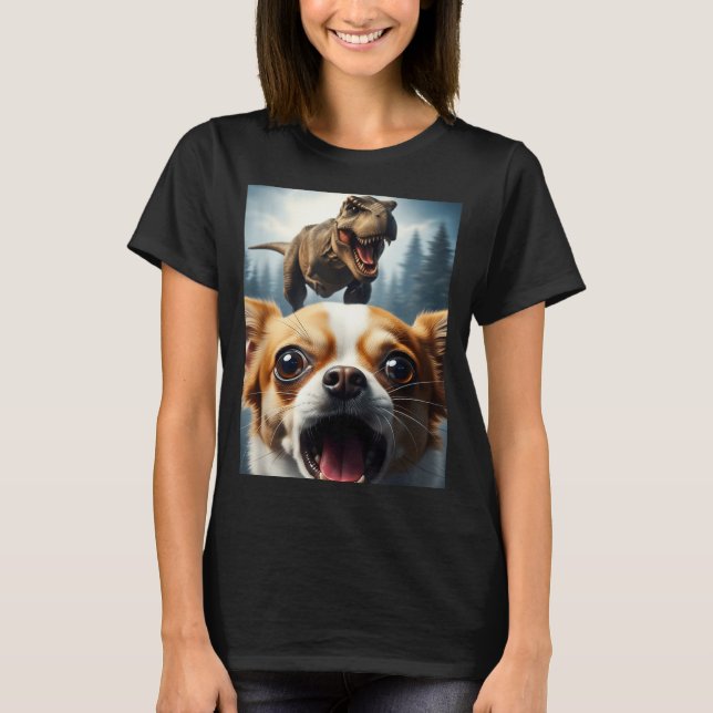 Funny Chihuahua Dog Selfie With T-rex Women Men Ki T Shirt (Framsida)