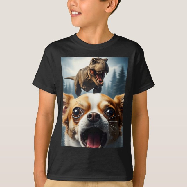 Funny Chihuahua Dog Selfie With T-rex Women Men Ki T Shirt (Framsida)