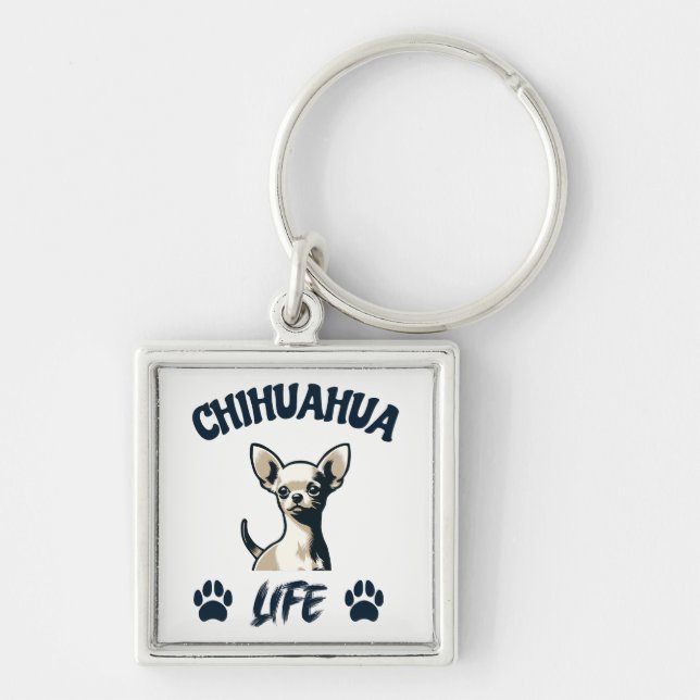 Funny Chihuahua Hund Fyrkantig Silverfärgad Nyckelring (Framsidan)