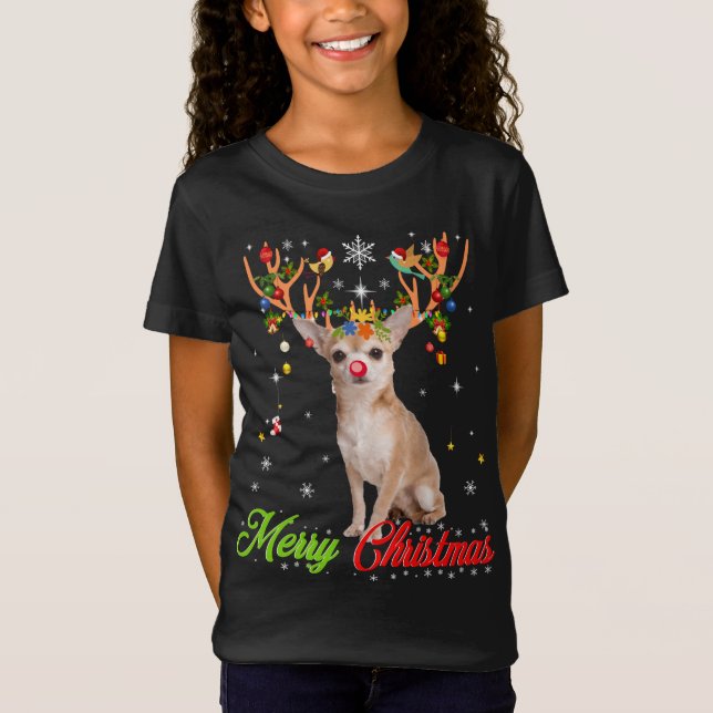 Funny Chihuahua Hund med Antlers God jul T T Shirt (Framsida)