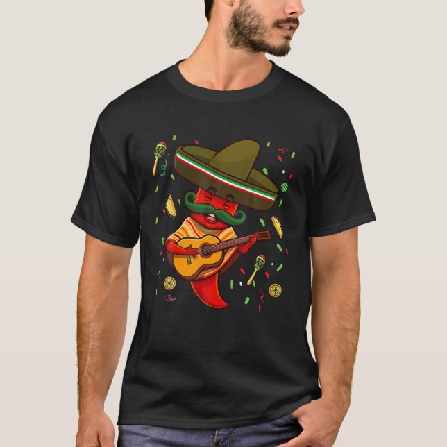 Funny Chili Mariachi Hett Pepper Sombrero Cinco De T Shirt (Framsida)