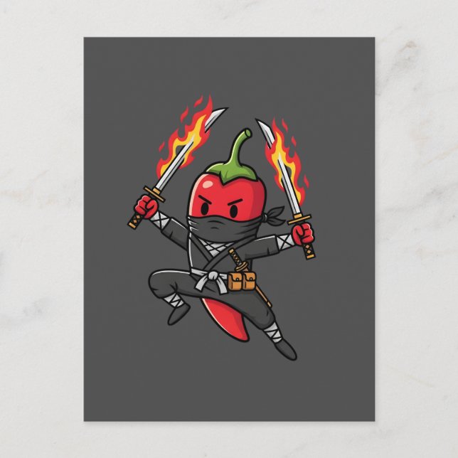Funny Chili Pepper Fire Ninja Samurai Illustration Vykort (Framsida)