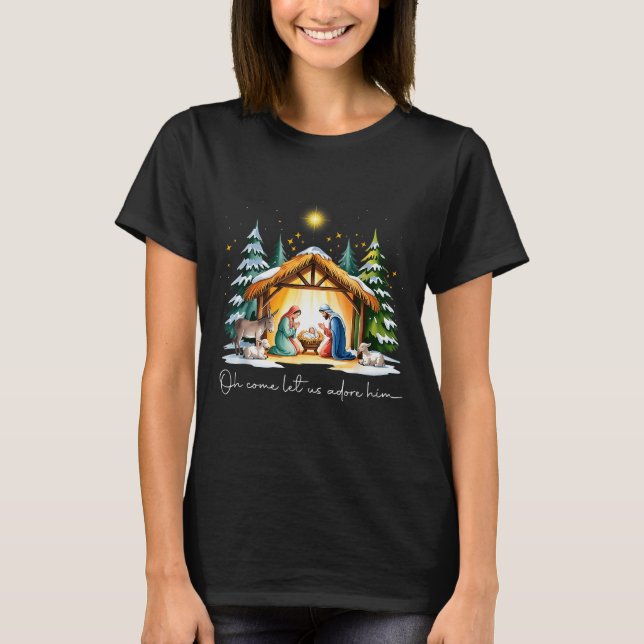 Funny Christian Christmas Jesus Oh Come Let Us Ado T Shirt (Framsida)