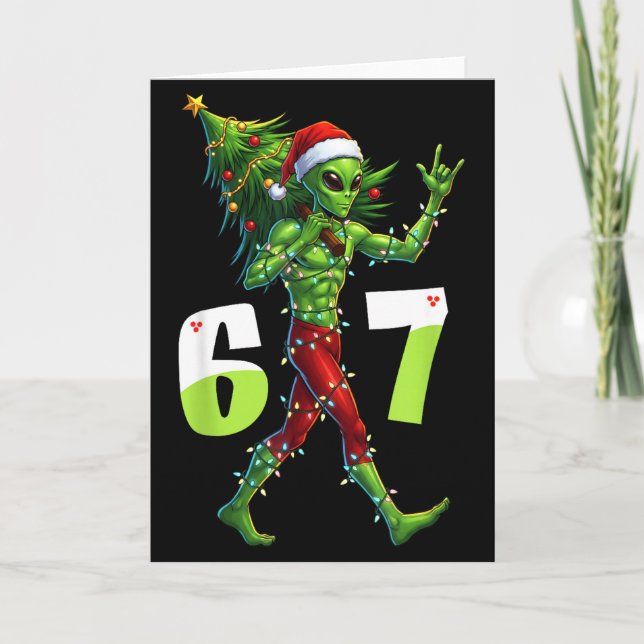 Funny Christmas Alien Six Seven Meme 67 Santa Hat  Kort (Framsida)