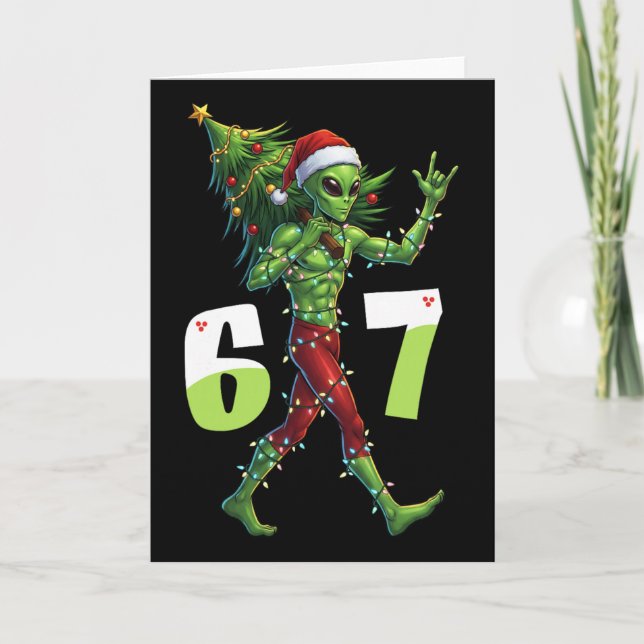 Funny Christmas Alien Six Seven Meme 67 Santa Hat  Kort (Framsida)