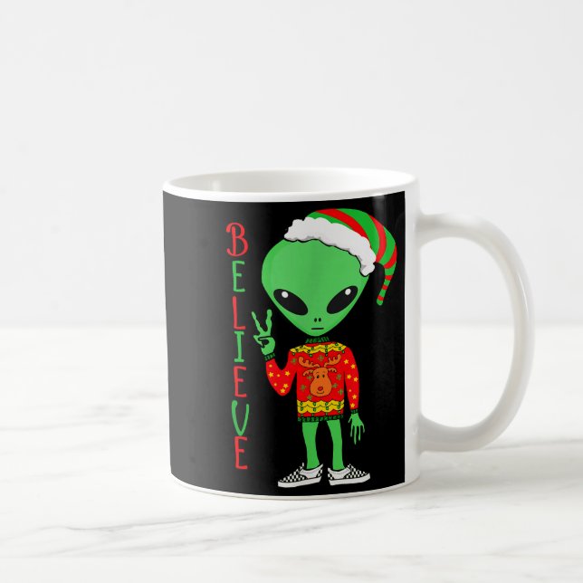 Funny Christmas Alien Ugly Sweater I Believe Santa Kaffemugg (Höger)