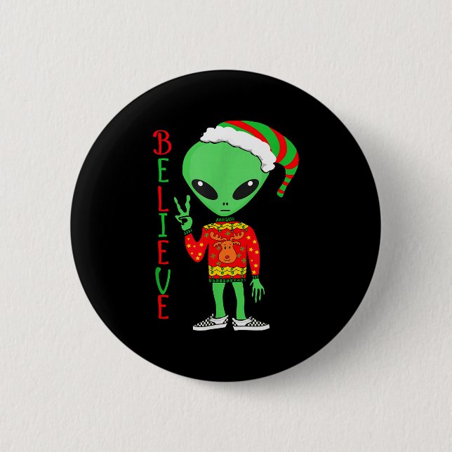 Funny Christmas Alien Ugly Sweater I Believe Santa Knapp (Framsida)