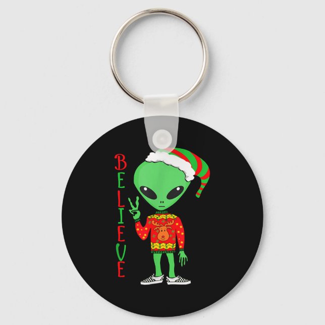 Funny Christmas Alien Ugly Sweater I Believe Santa Nyckelring (Framsida)