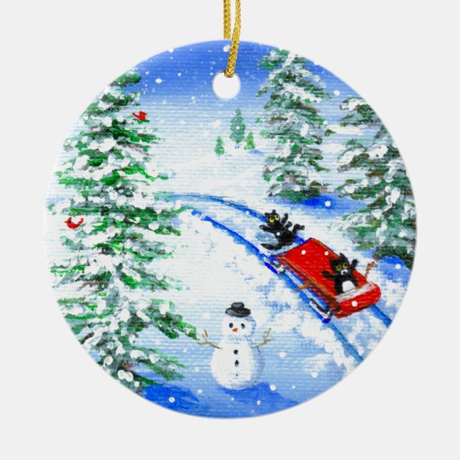 Funny Christmas Black Cat Art Creationarts Julgransprydnad Keramik (Framsidan)