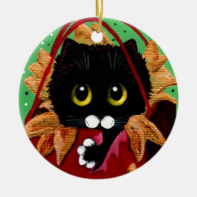 Funny Christmas Black Cat Art Creationarts Julgransprydnad Keramik (Framsidan)