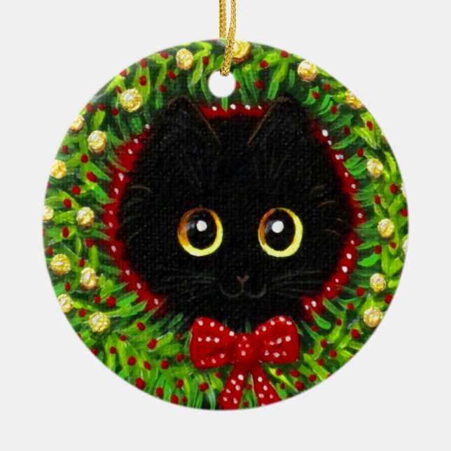 Funny Christmas Black Cat Art Creationarts Julgransprydnad Keramik (Framsidan)