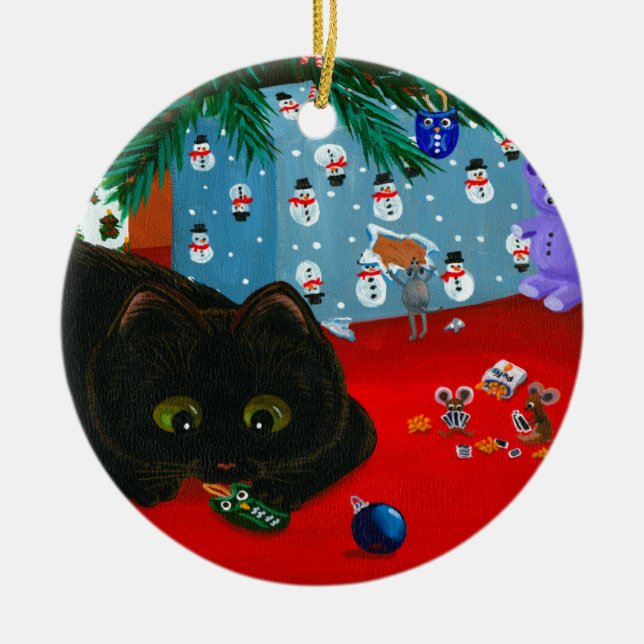 Funny Christmas Black Cat Art Creationarts Julgransprydnad Keramik (Framsidan)
