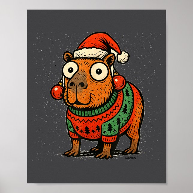Funny Christmas Capybara With Santa Hat &amp; Swea Poster (Framsidan)