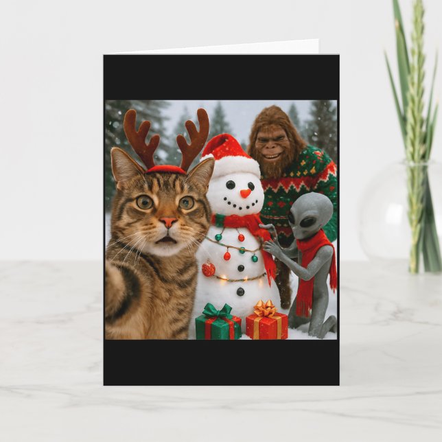 Funny Christmas Cat Selfie With Bigfoot Alien &amp Kort (Framsida)