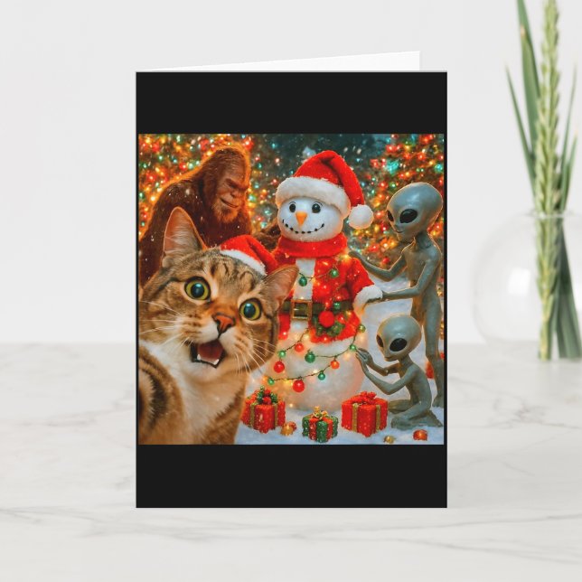 Funny Christmas Cat Selfie With Bigfoot Alien &amp Kort (Framsida)