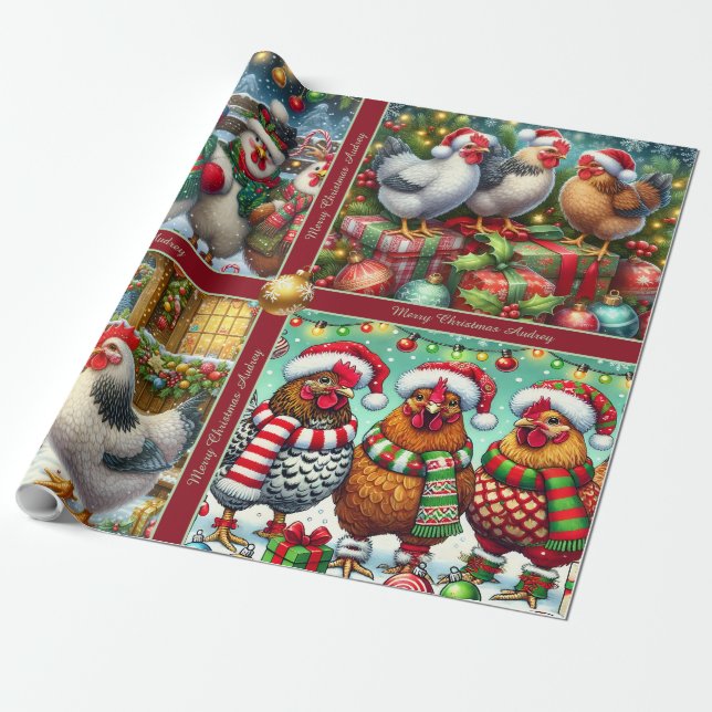 Funny Christmas Chickens Wrapping Paper with Text Presentpapper (Utrullad)