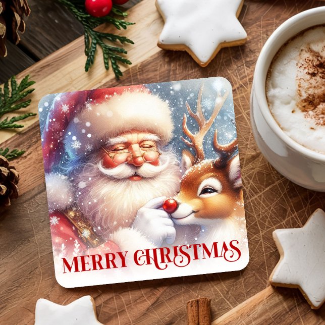 Funny Christmas Coasters with Santa and Rudolph Underlägg Papper Kvadrat (Funny Christmas Coasters with Santa and Rudolph)