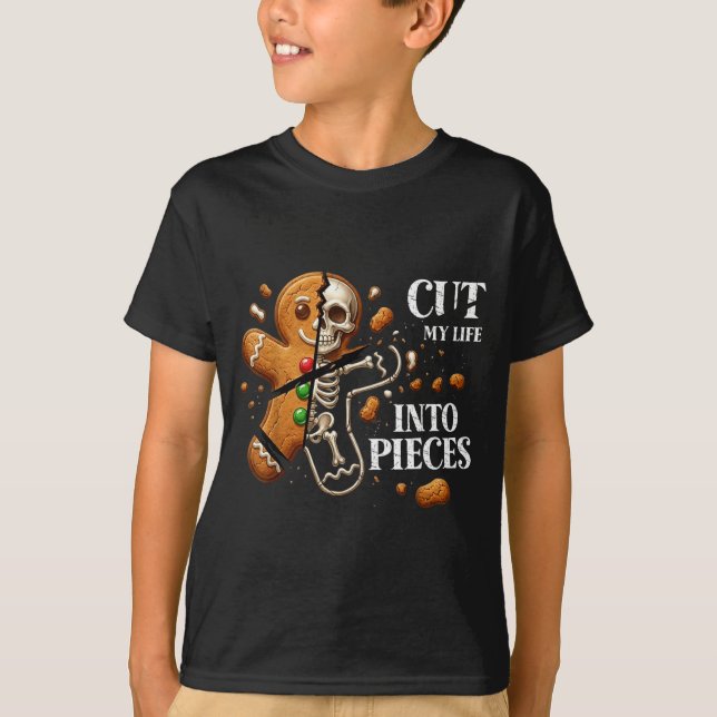 Funny Christmas Cut My Life Into Eces Gingerbread  T Shirt (Framsida)