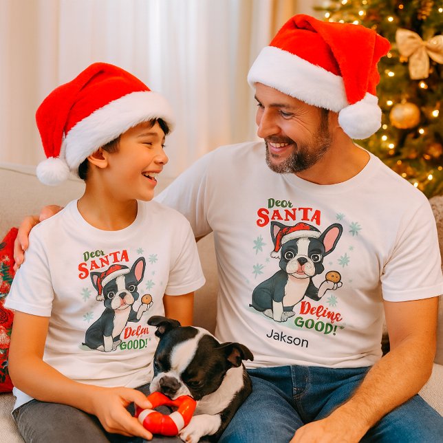 Funny Christmas Dog Boston Terrier Custom Name T Shirt (Skapare uppladdad)