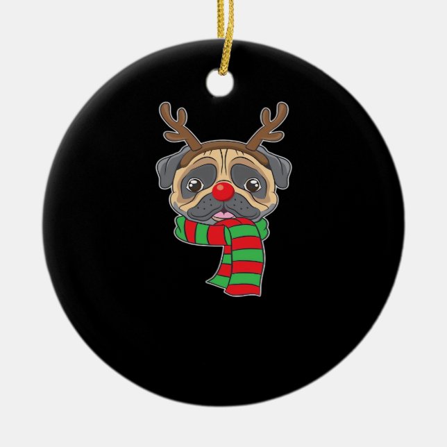 Funny Christmas Dog Xmas Reindeer Pug Holiday Gift Julgransprydnad Keramik (Framsidan)