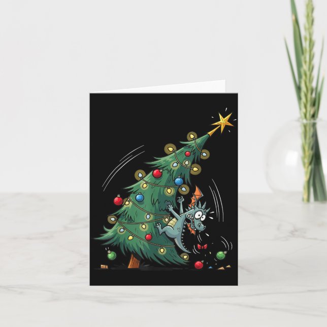 Funny Christmas Dragon Wrecking The Tree Holiday P Kort (Framsida)