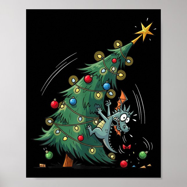 Funny Christmas Dragon Wrecking The Tree Holiday P Poster (Framsidan)
