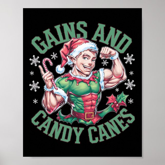 Funny Christmas Elf Gym Workout Gains And Candy Ca Poster (Framsidan)