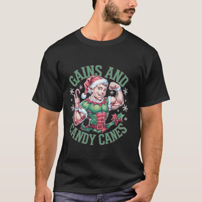 Funny Christmas Elf Gym Workout Gains and Candy Ca T Shirt (Framsida)