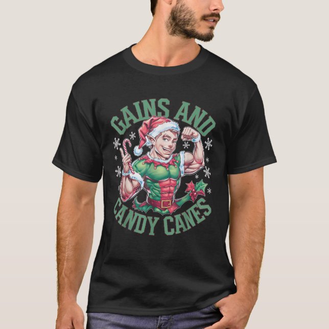 Funny Christmas Elf Gym Workout Gains and Candy Ca T Shirt (Framsida)