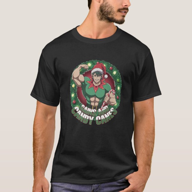 Funny Christmas Elf Gym Workout Gains and Candy Ca T Shirt (Framsida)